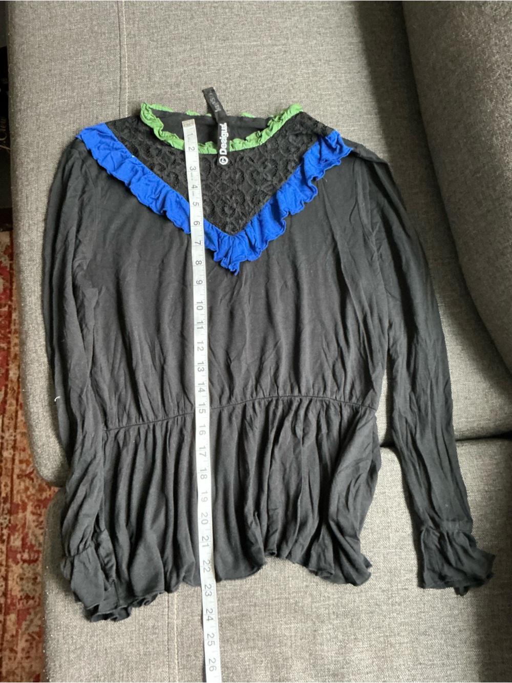 Desigual Black Bodysuit with Blue and Green Ruffle Trim large fall whysical